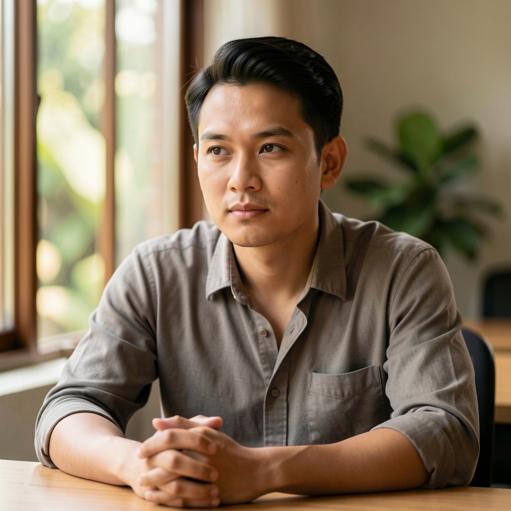 Male editorial portrait of a Malaysian wellness writer seated at a desk, soft natural window light, thoughtful expression, warm editorial composition