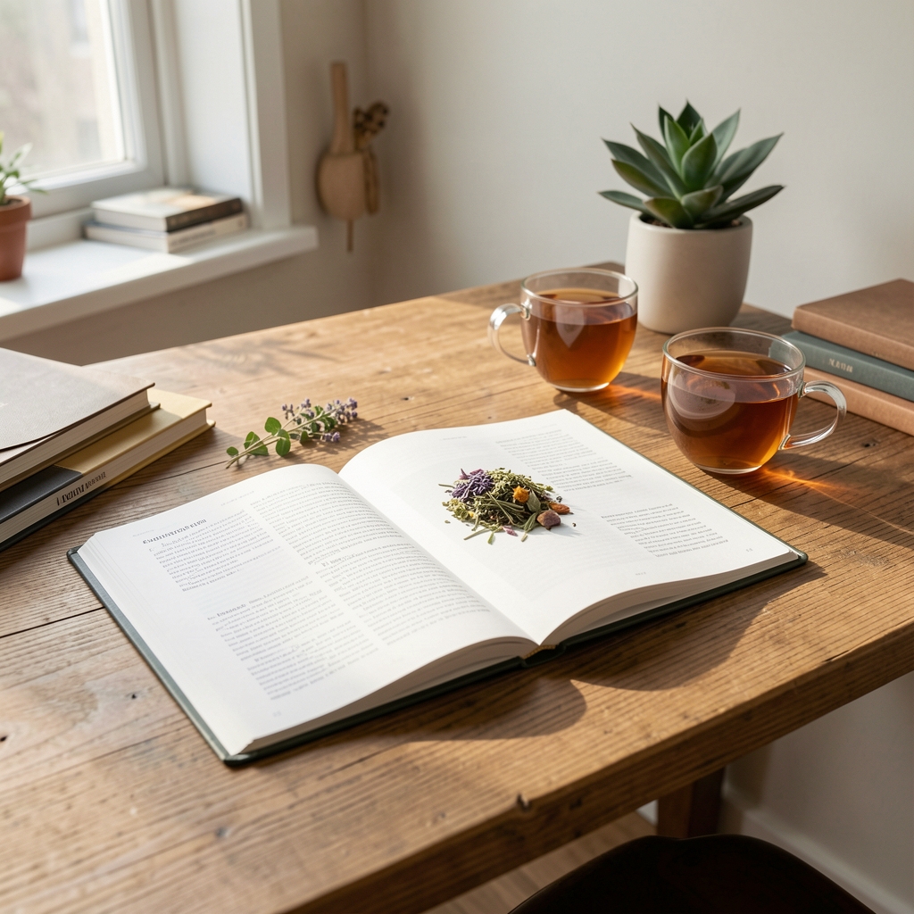Editorial workspace with open wellness journal, herbal tea, and natural light on a wooden desk, organised and minimal