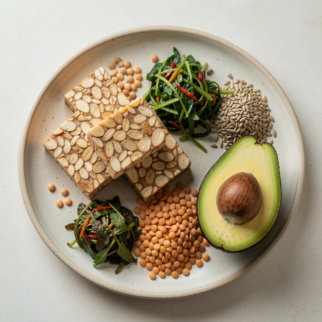 Selection of traditional Malaysian whole foods on a pale ceramic surface: tempeh, ulam herbs, lentils, seeds and a halved avocado in natural overhead light
