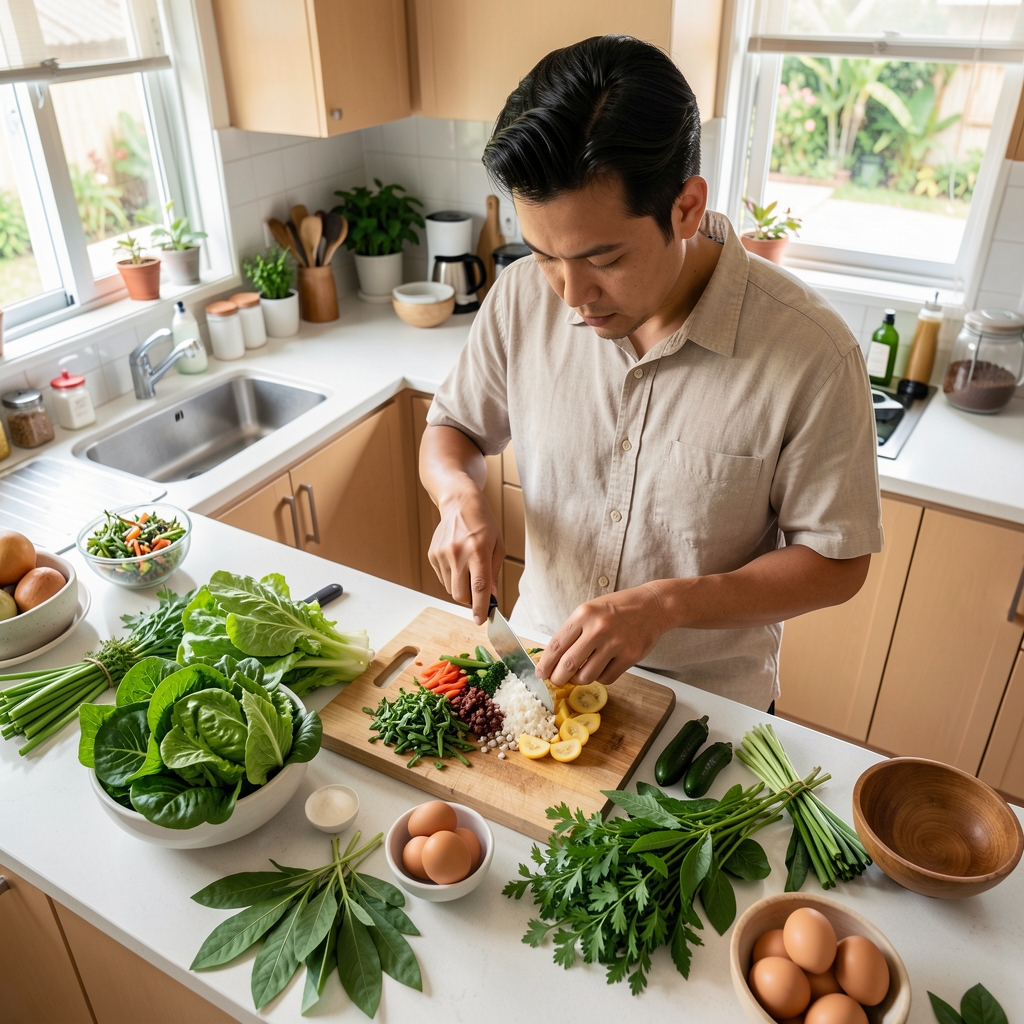 Man preparing a whole food meal in a bright Malaysian kitchen, overhead editorial composition with leafy greens, eggs and tropical herbs
