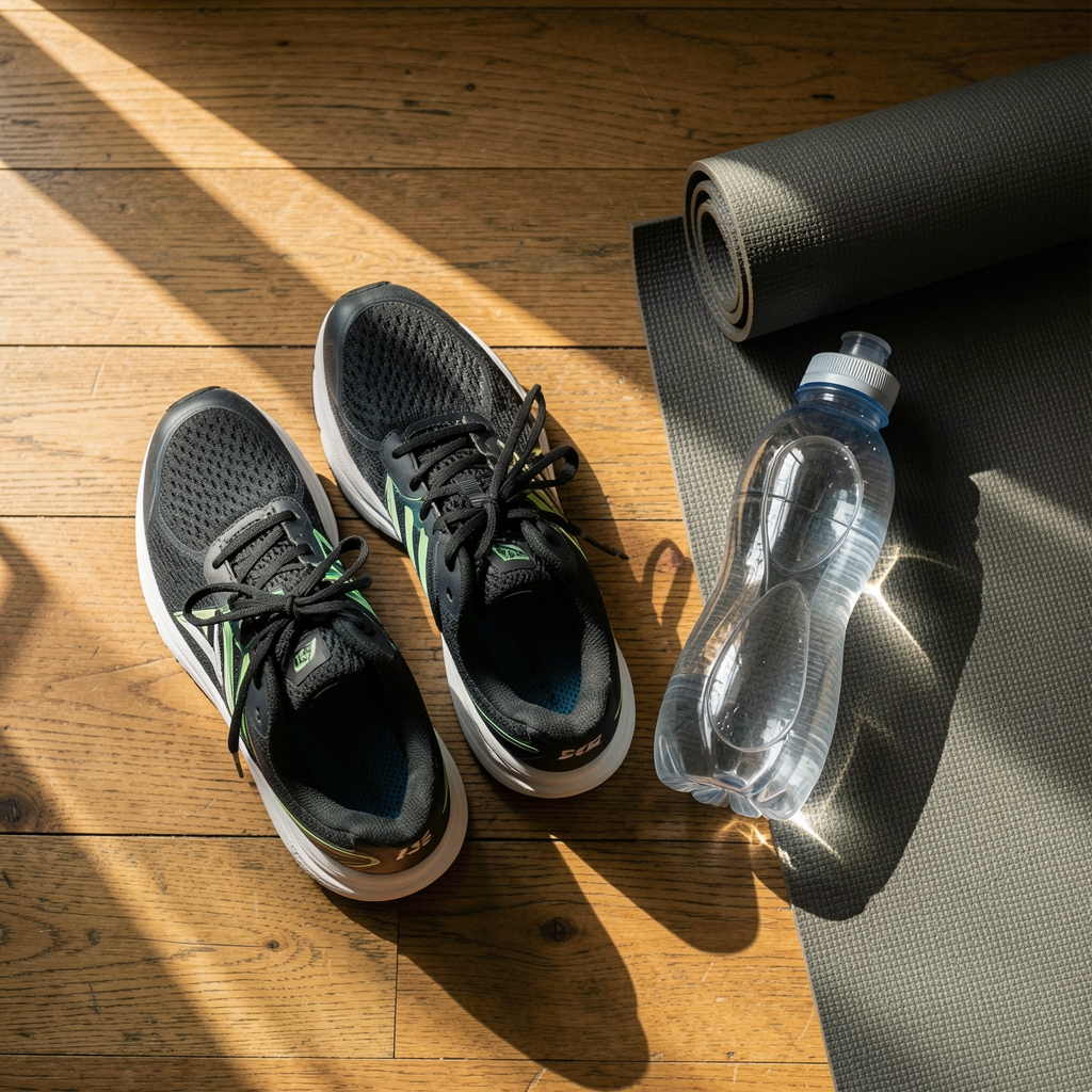 Running shoes and a water bottle placed on a wooden floor beside a yoga mat, editorial flat lay with natural morning window light casting long shadows