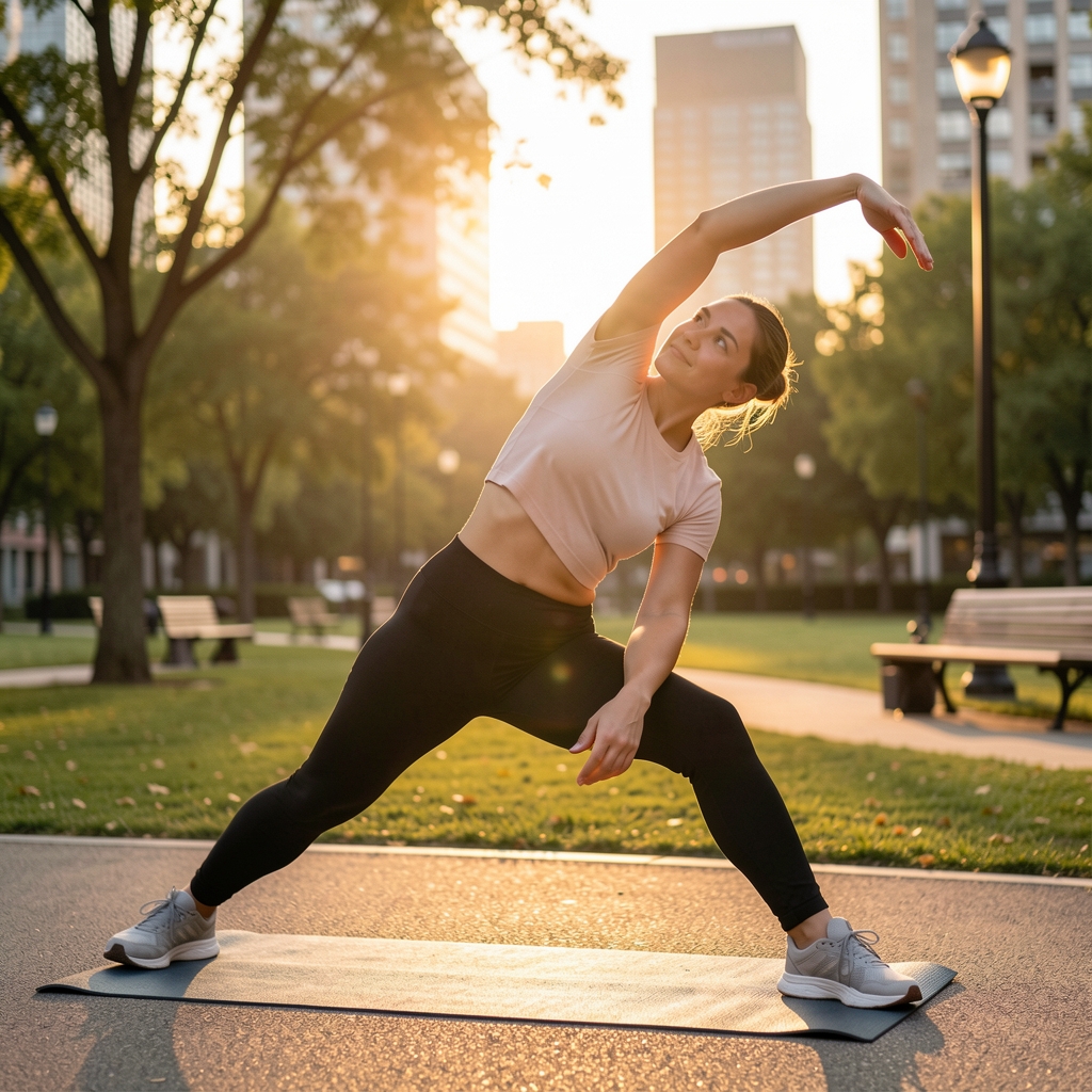 Person doing morning stretches in an urban park at sunrise, soft golden light, editorial movement photography