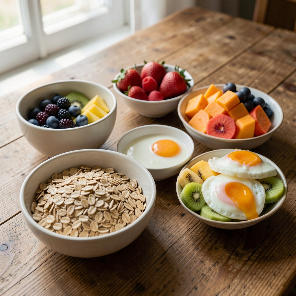Traditional Malaysian breakfast spread with whole grains, tropical fruit, and eggs on a wooden table in natural morning light
