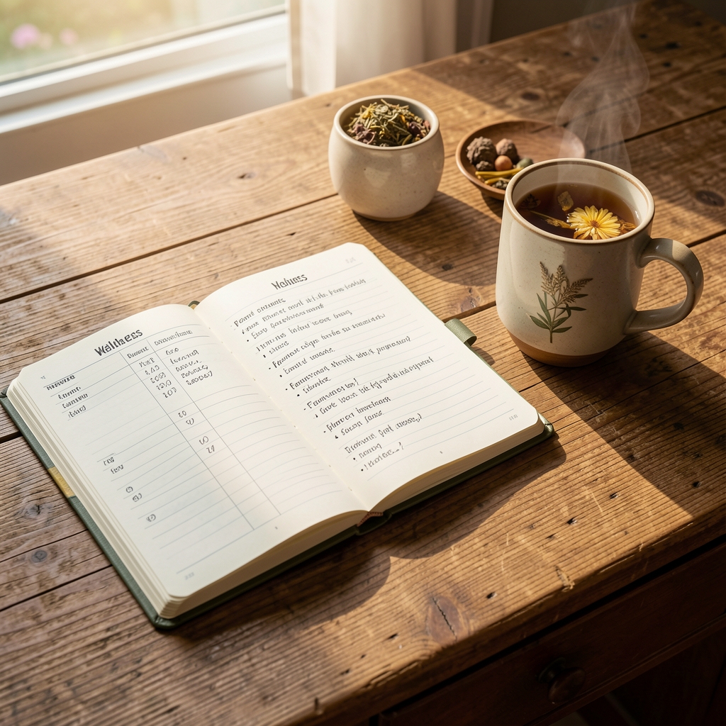 Open wellness journal with handwritten habit tracker on a wooden desk beside traditional Malaysian herbal tea, natural morning light