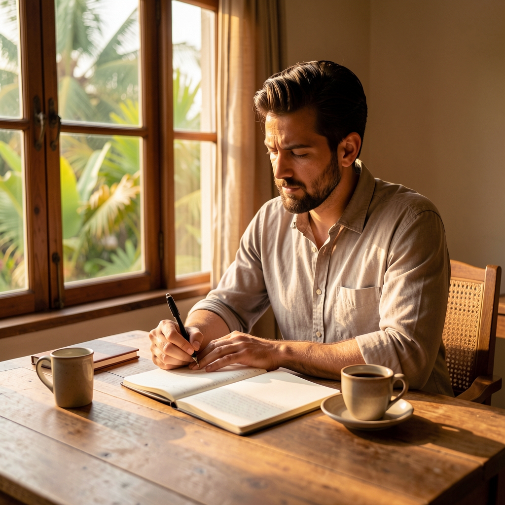 Man journalling at a wooden desk near a window, warm tropical morning light, editorial composition with notebook and tea