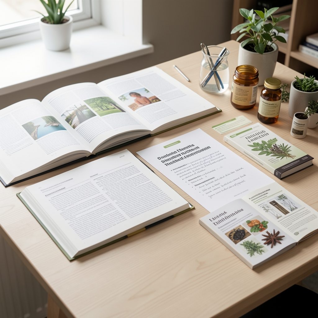 Editorial research workspace with open wellness journals, printed research notes, and herbal reference materials arranged on a pale wooden desk